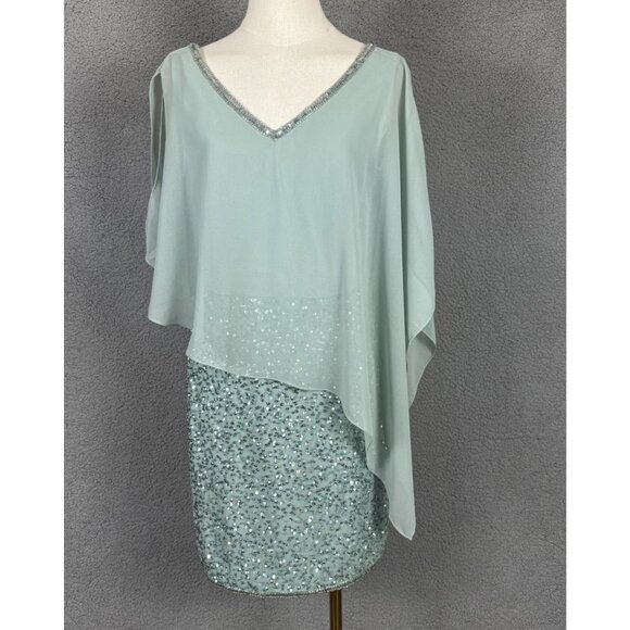 Jkara Celadon Sequin Cocktail Dress W/ Sheer Overlay V-Neck Size 8P Green NWT's - Picture 1 of 8